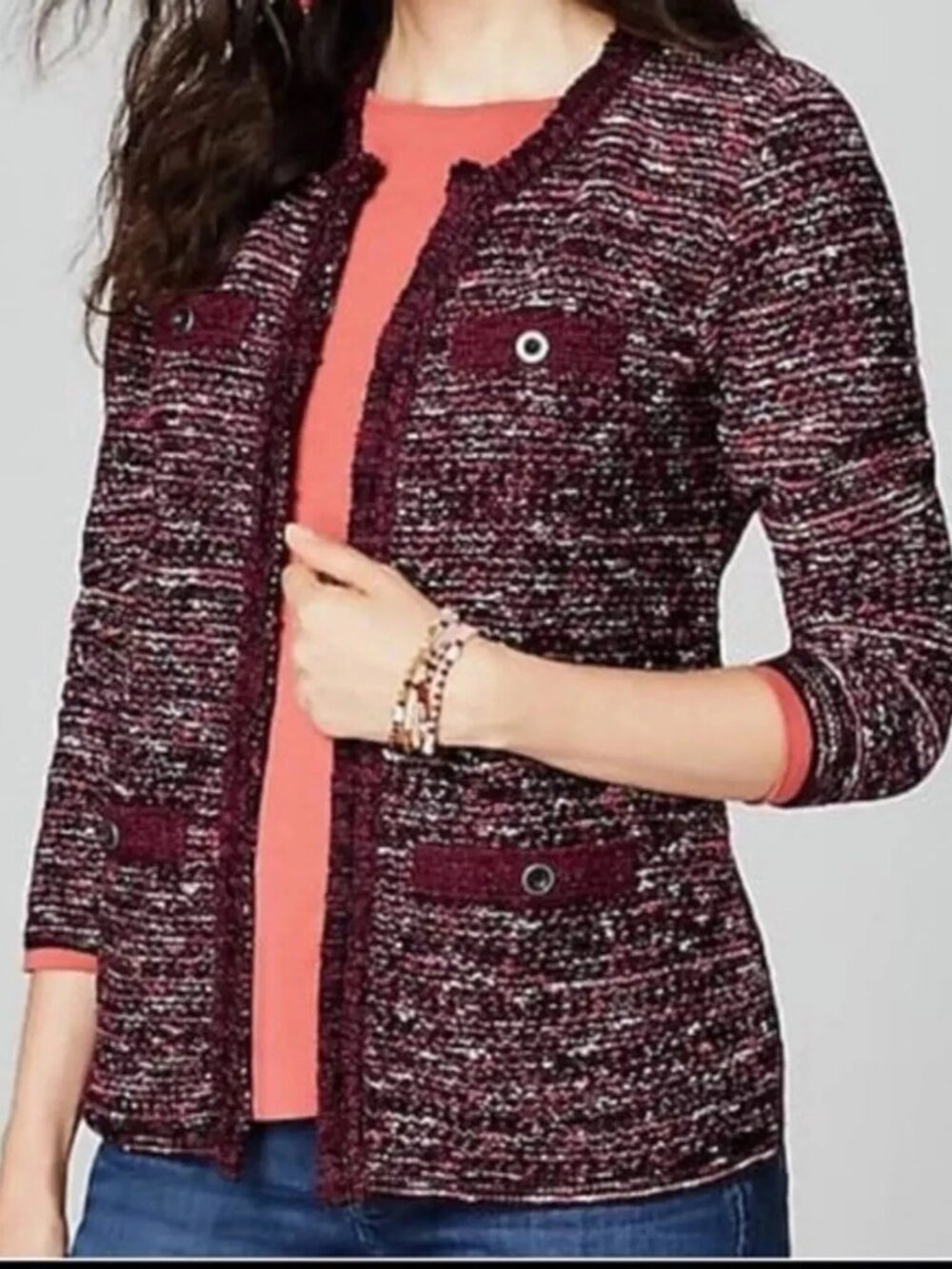 J.Jill Tweed Burgundy Multi Stretch Cardigan Jacket XS NWT $139